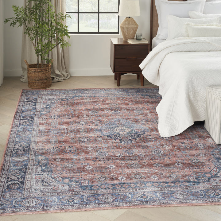 9' x 12' Blue and Red Oriental Power Loom Distressed Washable Non Skid Area Rug