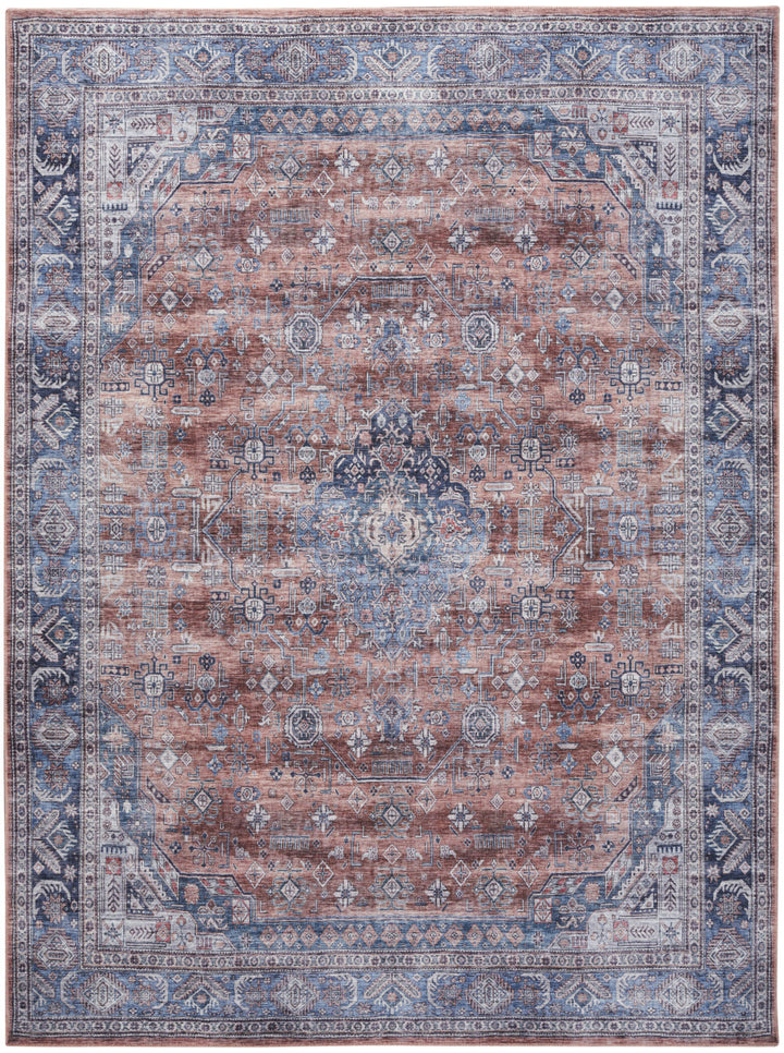 9' x 12' Blue and Red Oriental Power Loom Distressed Washable Non Skid Area Rug