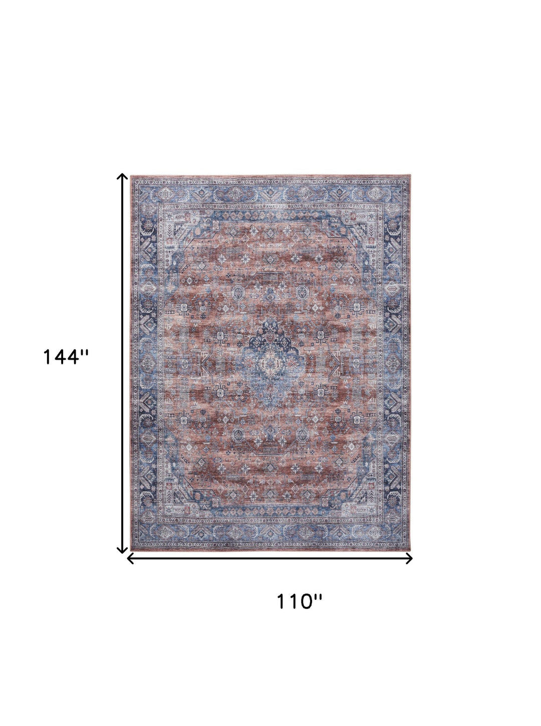 9' x 12' Blue and Red Oriental Power Loom Distressed Washable Non Skid Area Rug