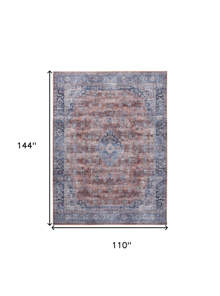 9' x 12' Blue and Red Oriental Power Loom Distressed Washable Non Skid Area Rug