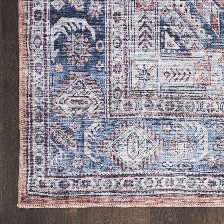 9' x 12' Blue and Red Oriental Power Loom Distressed Washable Non Skid Area Rug