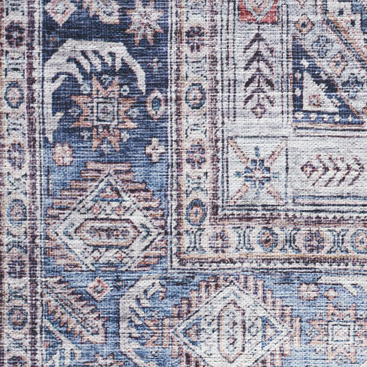 9' x 12' Blue and Red Oriental Power Loom Distressed Washable Non Skid Area Rug