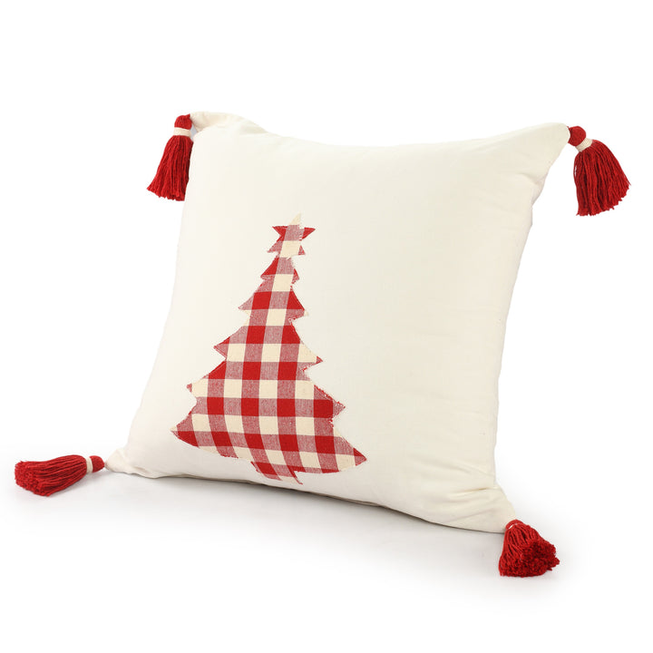 20" X 20" Red and White Christmas Tree Cotton Zippered Pillow With Tassels