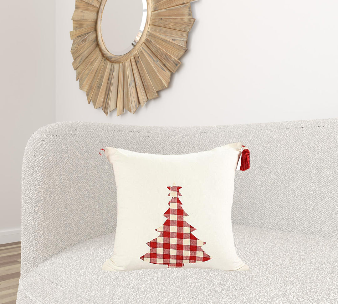 20" X 20" Red and White Christmas Tree Cotton Zippered Pillow With Tassels