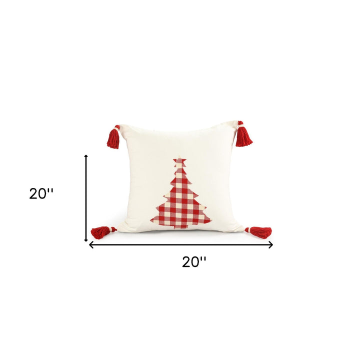 20" X 20" Red and White Christmas Tree Cotton Zippered Pillow With Tassels