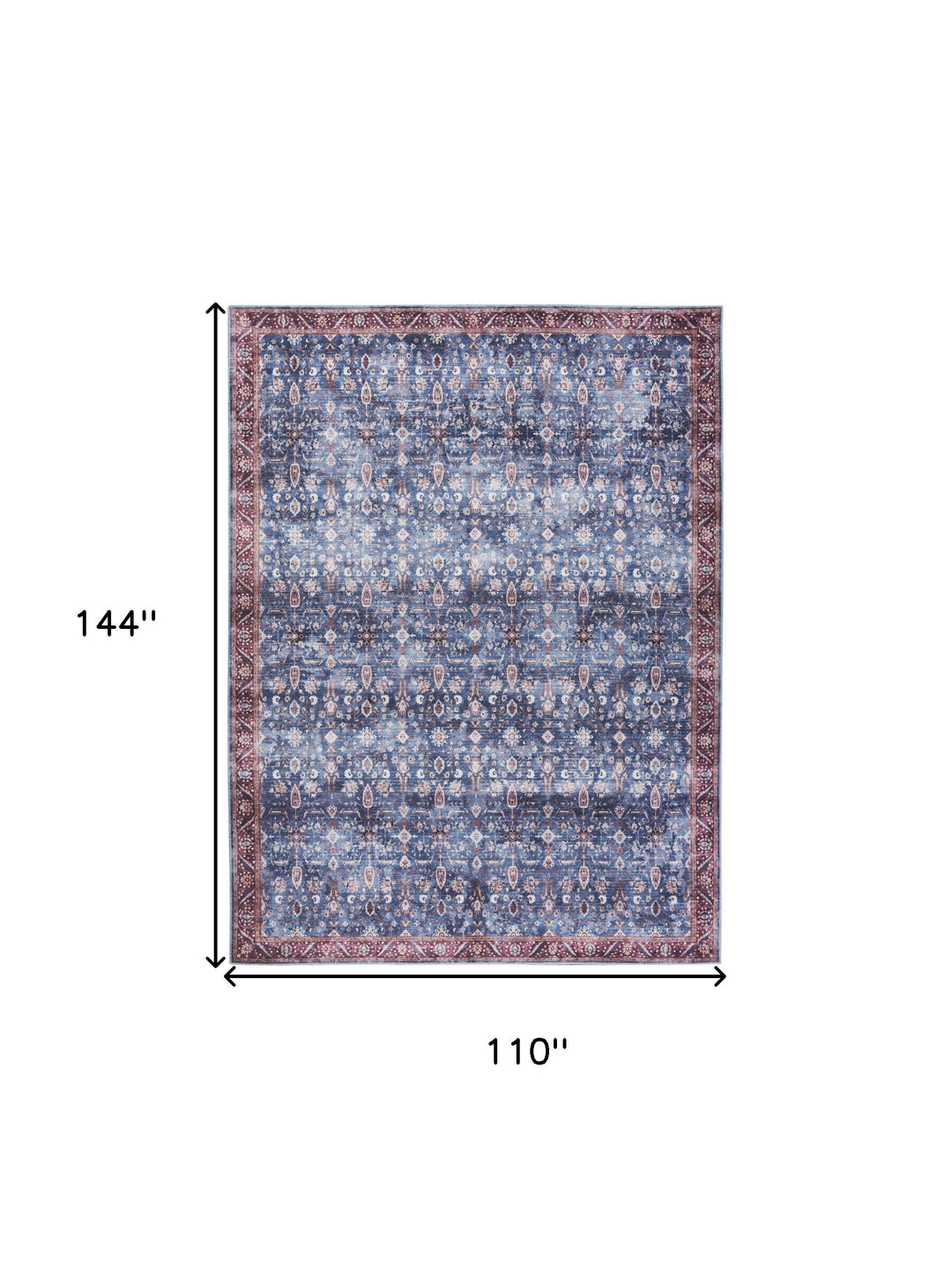 9' x 12' Blue and Red Oriental Power Loom Distressed Washable Non Skid Area Rug