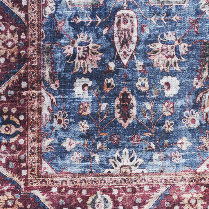 9' x 12' Blue and Red Oriental Power Loom Distressed Washable Non Skid Area Rug