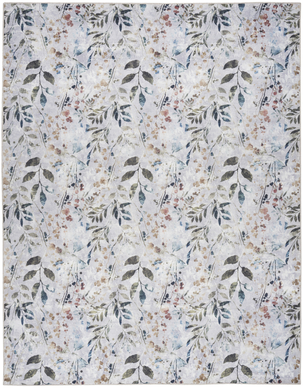 8' x 10' Ivory Blue and Gray Floral Power Loom Washable Non Skid Area Rug