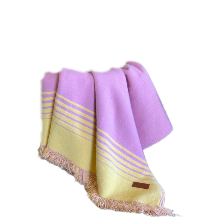 Pink and Yellow Woven Acrylic Striped Throw Blanket With Fringe