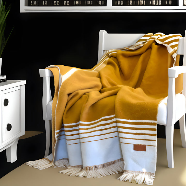 Gold and Ivory Woven Microfiber Striped Throw Blanket with Fringe