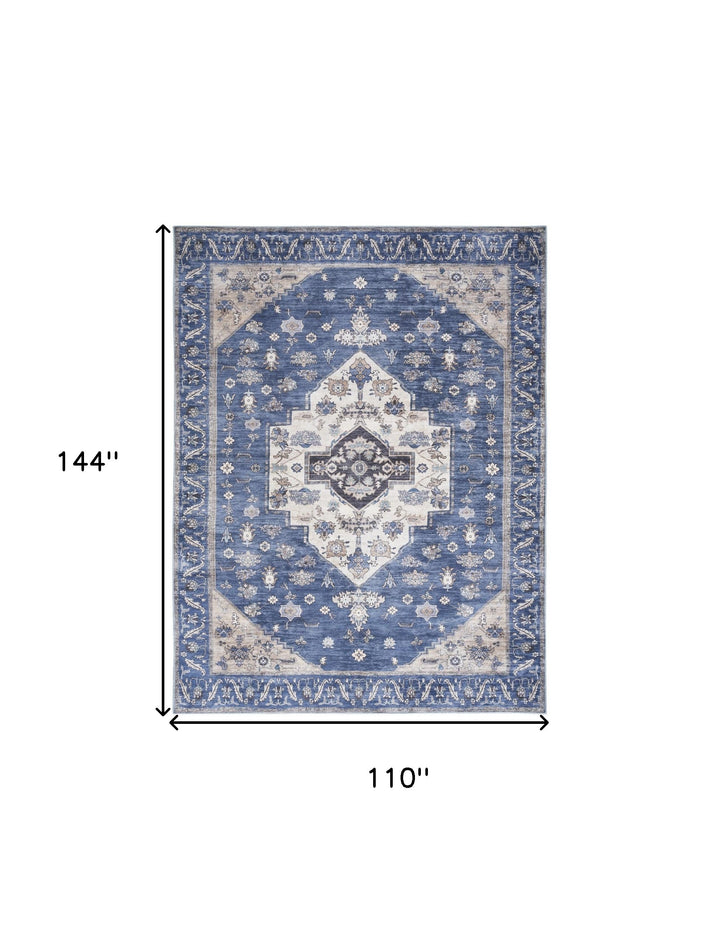 9' x 12' Blue and Ivory Oriental Power Loom Distressed Washable Non Skid Area Rug