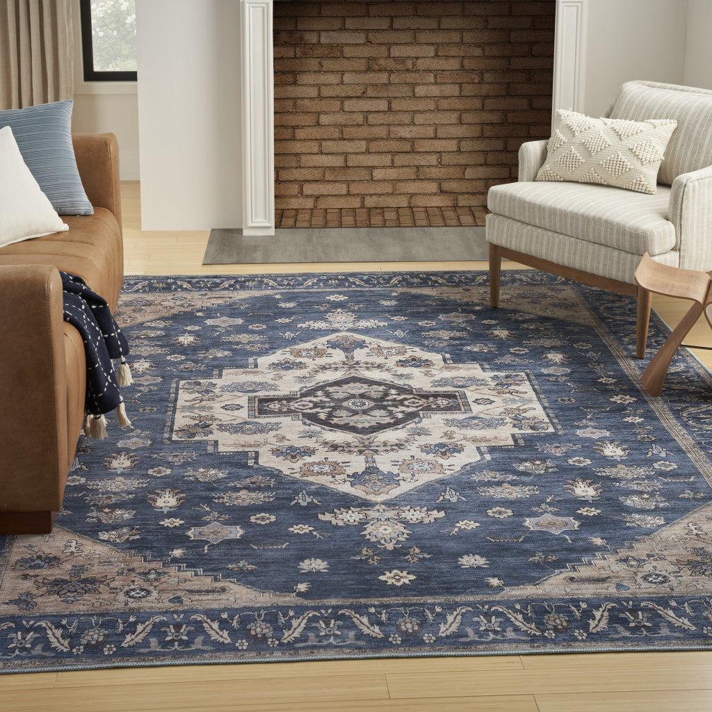 9' x 12' Blue and Ivory Oriental Power Loom Distressed Washable Non Skid Area Rug