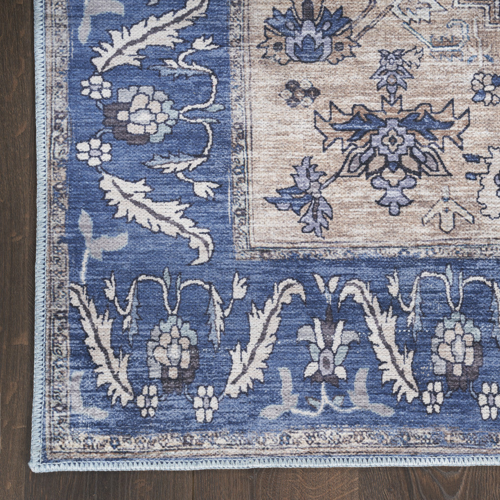 9' x 12' Blue and Ivory Oriental Power Loom Distressed Washable Non Skid Area Rug