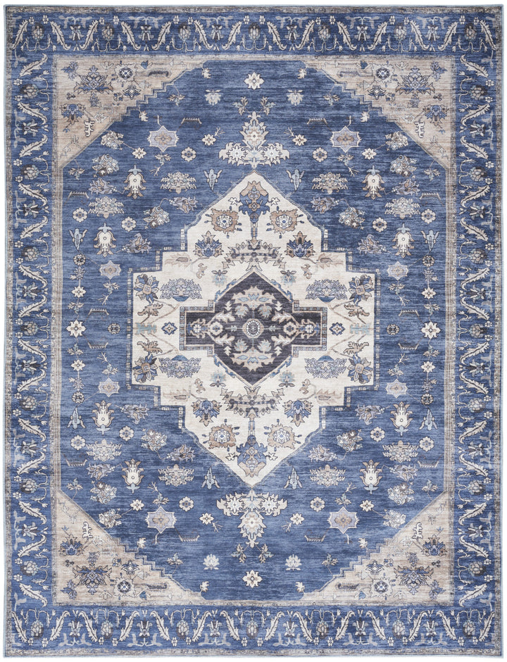 9' x 12' Blue and Ivory Oriental Power Loom Distressed Washable Non Skid Area Rug