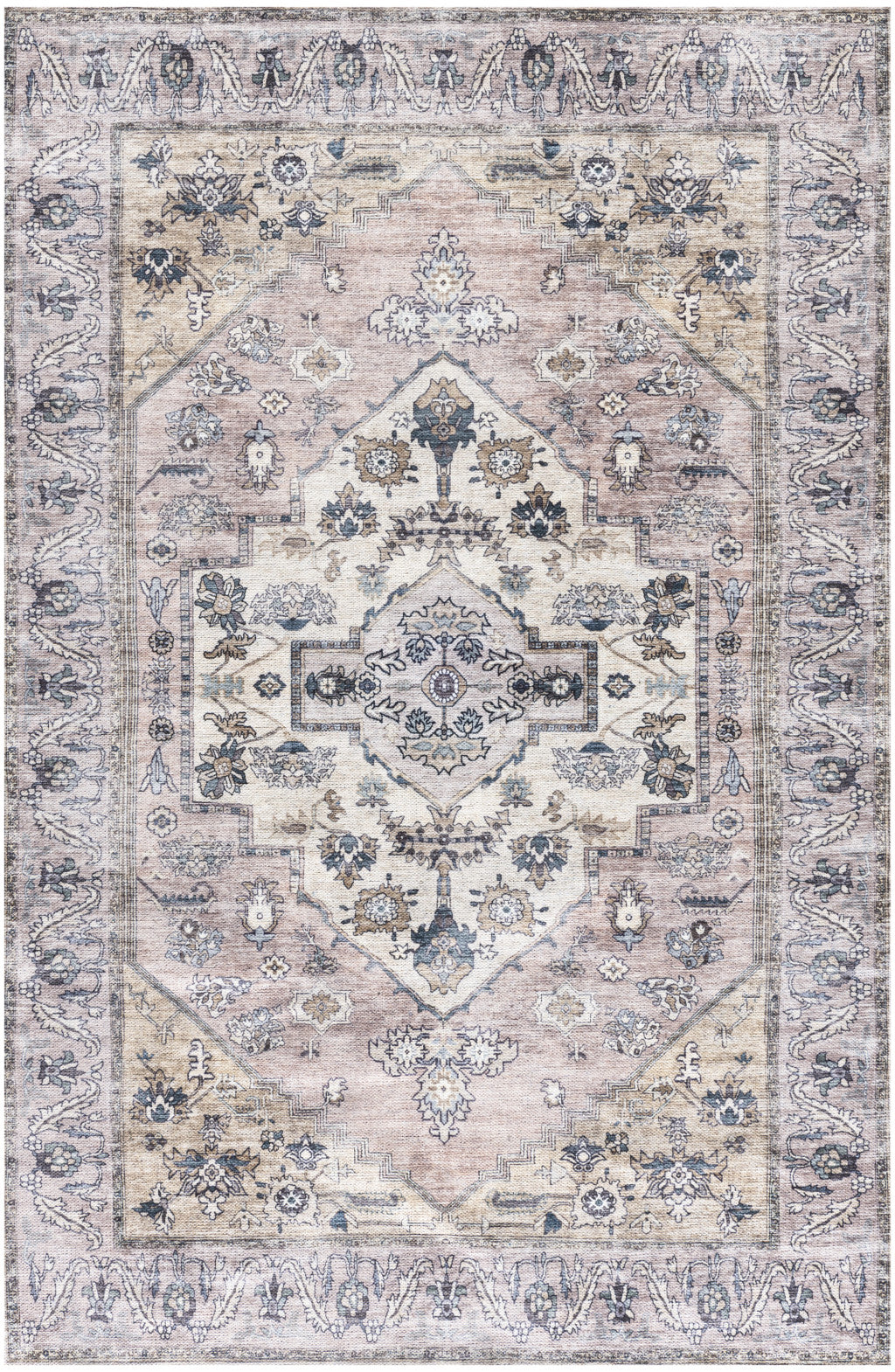 4' x 6' Pink and Blue Oriental Power Loom Distressed Washable Non Skid Area Rug