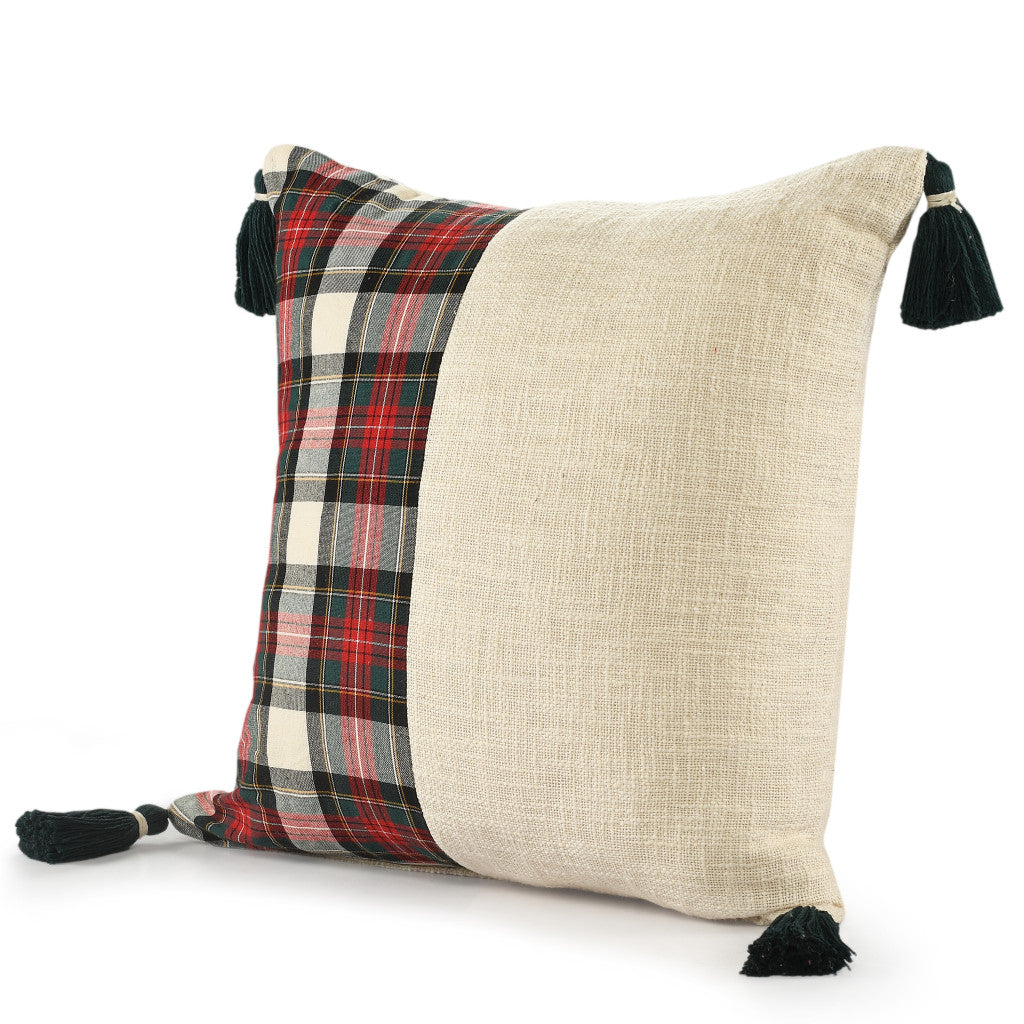 20" X 20" Ivory and Red Christmas Plaid Cotton Zippered Pillow With Tassels