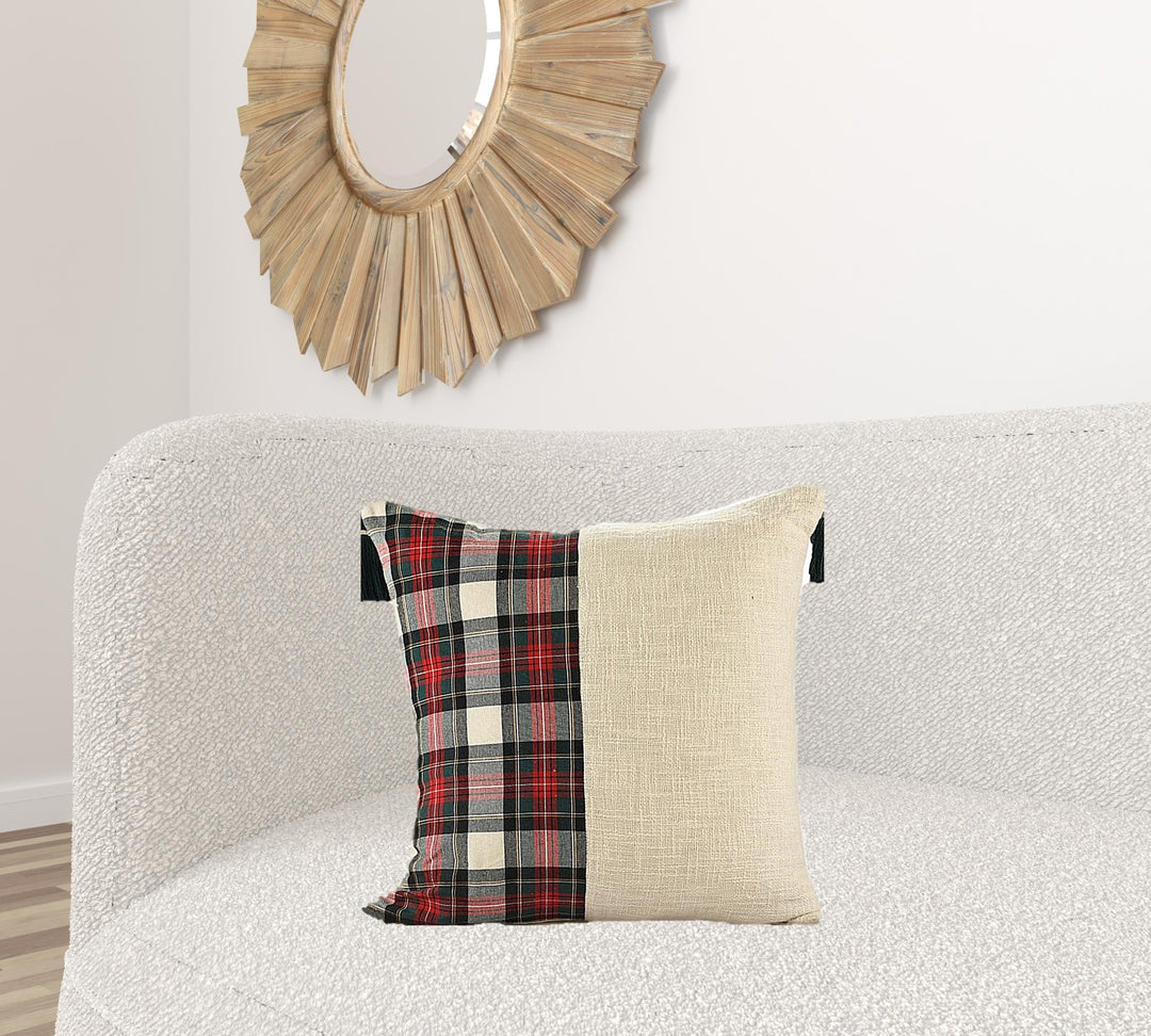 20" X 20" Ivory and Red Christmas Plaid Cotton Zippered Pillow With Tassels