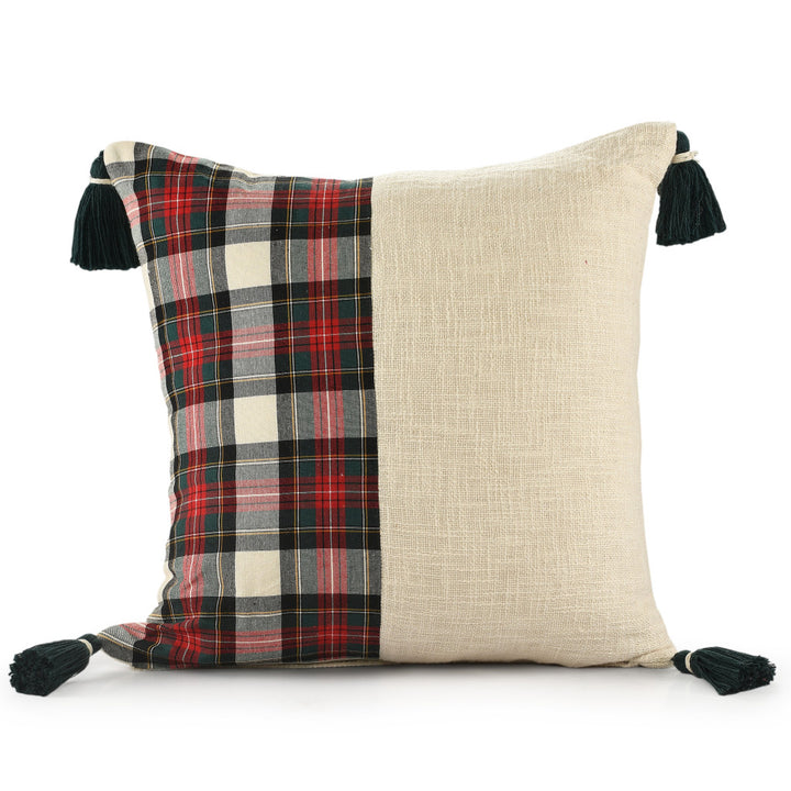 20" X 20" Ivory and Red Christmas Plaid Cotton Zippered Pillow With Tassels