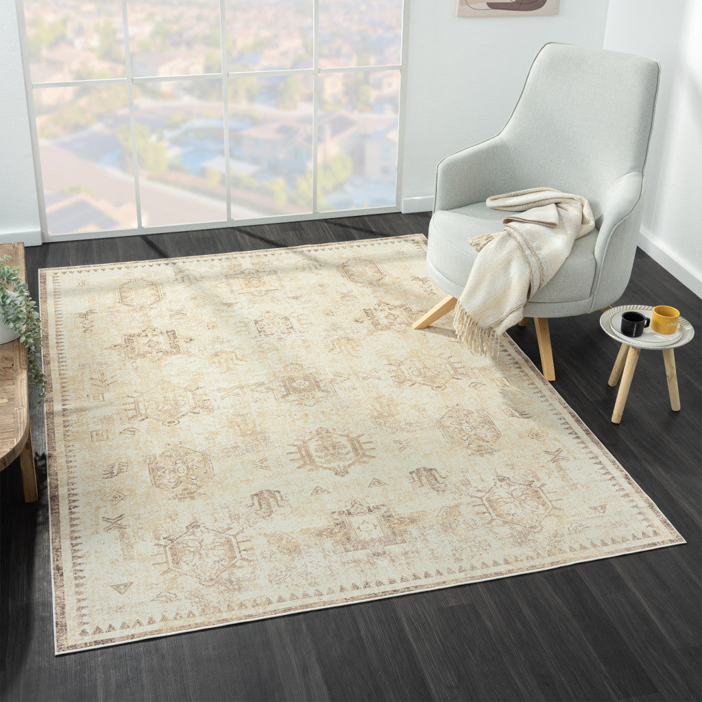 8' x 10' Beige Abstract Washable Non Skid Area Rug