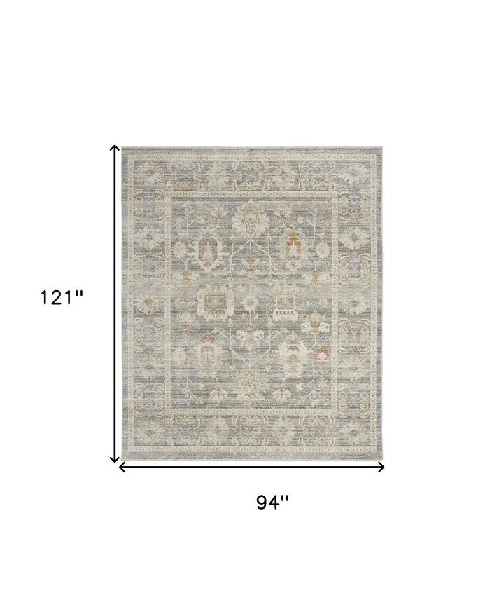 8' x 10' Beige Ivory and Gray Oriental Power Loom Distressed Area Rug With Fringe