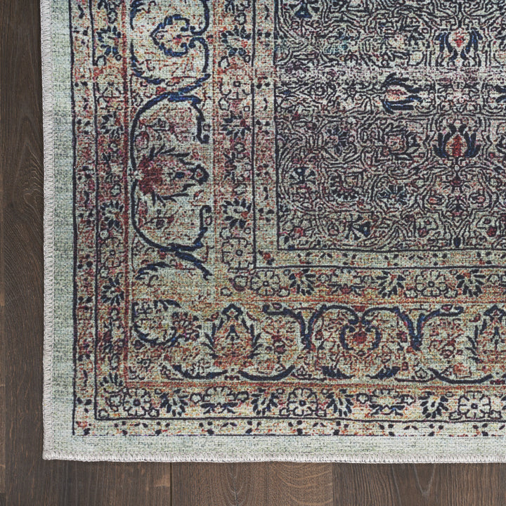 9' x 12' Blue and Brown Oriental Power Loom Distressed Washable Non Skid Area Rug