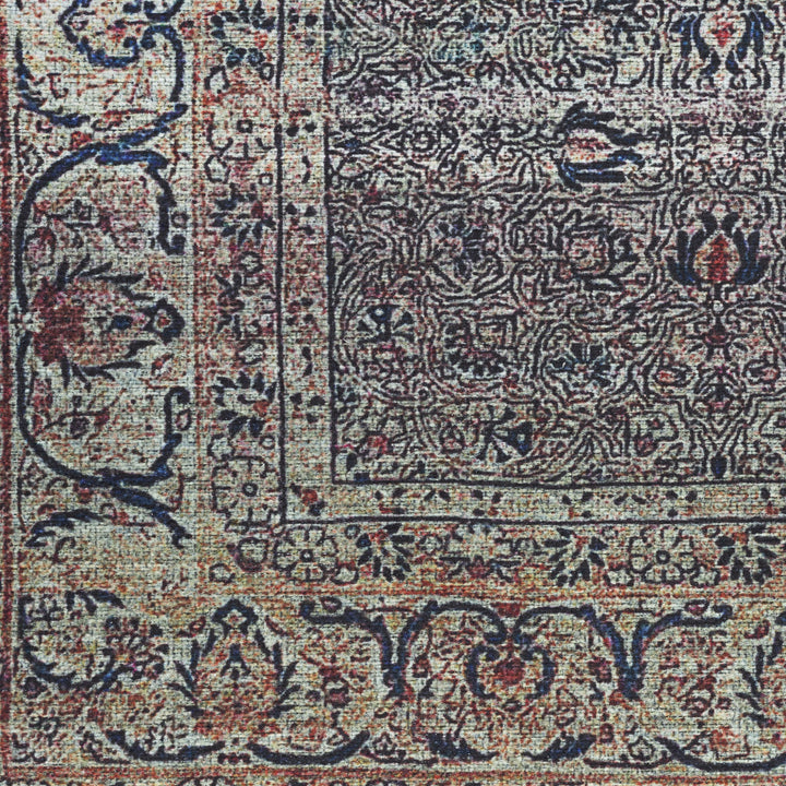 9' x 12' Blue and Brown Oriental Power Loom Distressed Washable Non Skid Area Rug