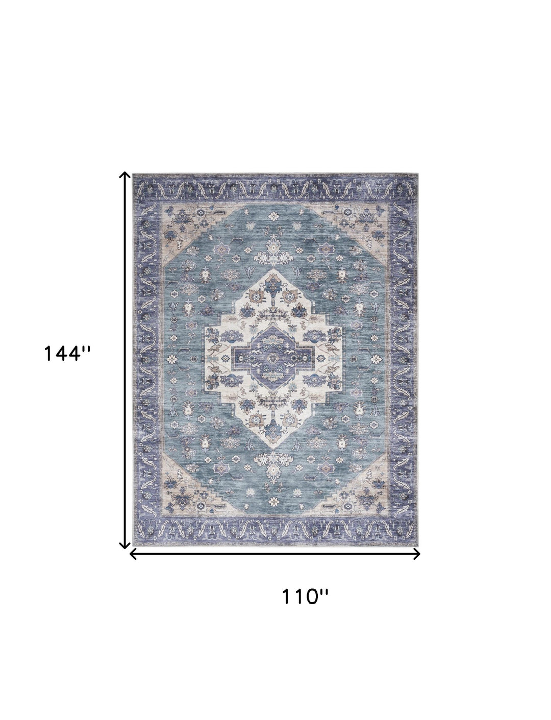 9' x 12' Blue and Green Oriental Power Loom Distressed Washable Non Skid Area Rug