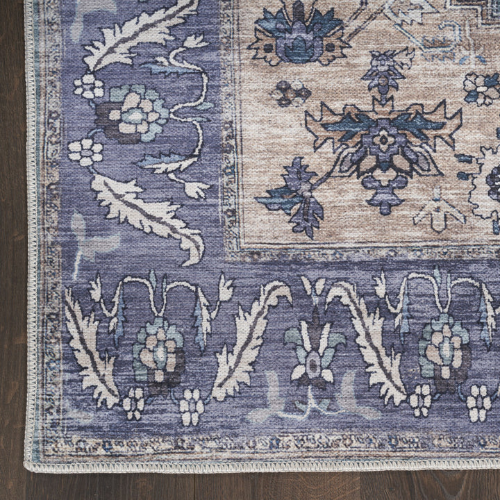 9' x 12' Blue and Green Oriental Power Loom Distressed Washable Non Skid Area Rug