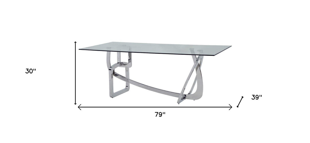 79" Clear And Silver Glass And Stainless Steel Dining Table