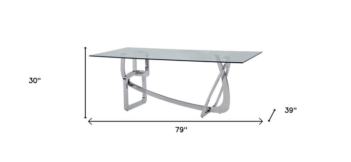 79" Clear And Silver Glass And Stainless Steel Dining Table