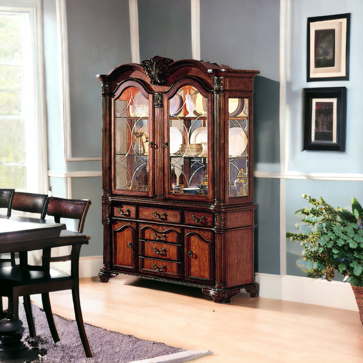 21" Brown Solid Wood Frame Dining Hutch With Three Shelves And Six Drawers