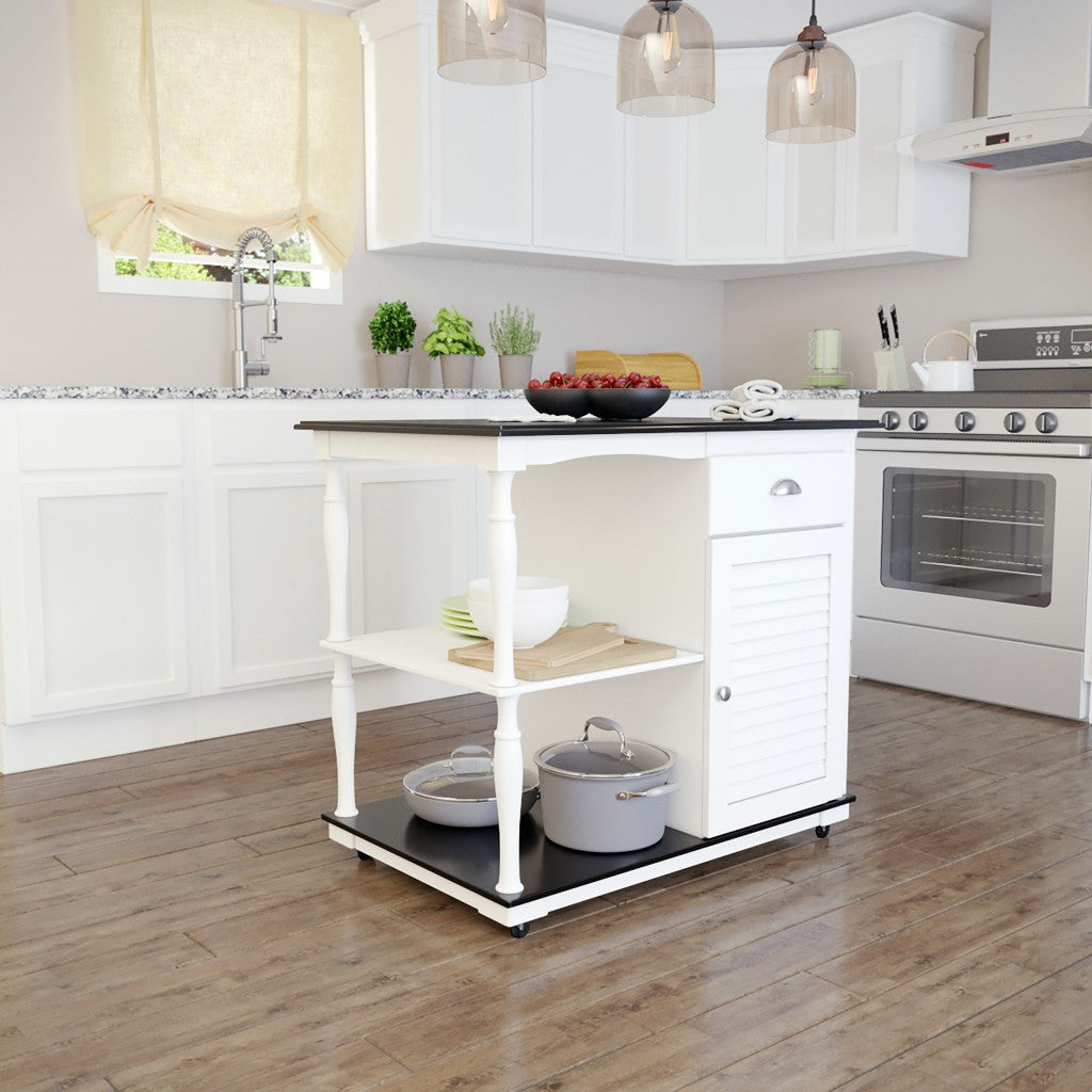 Black and White and Black 39" Rolling Kitchen Island With Storage