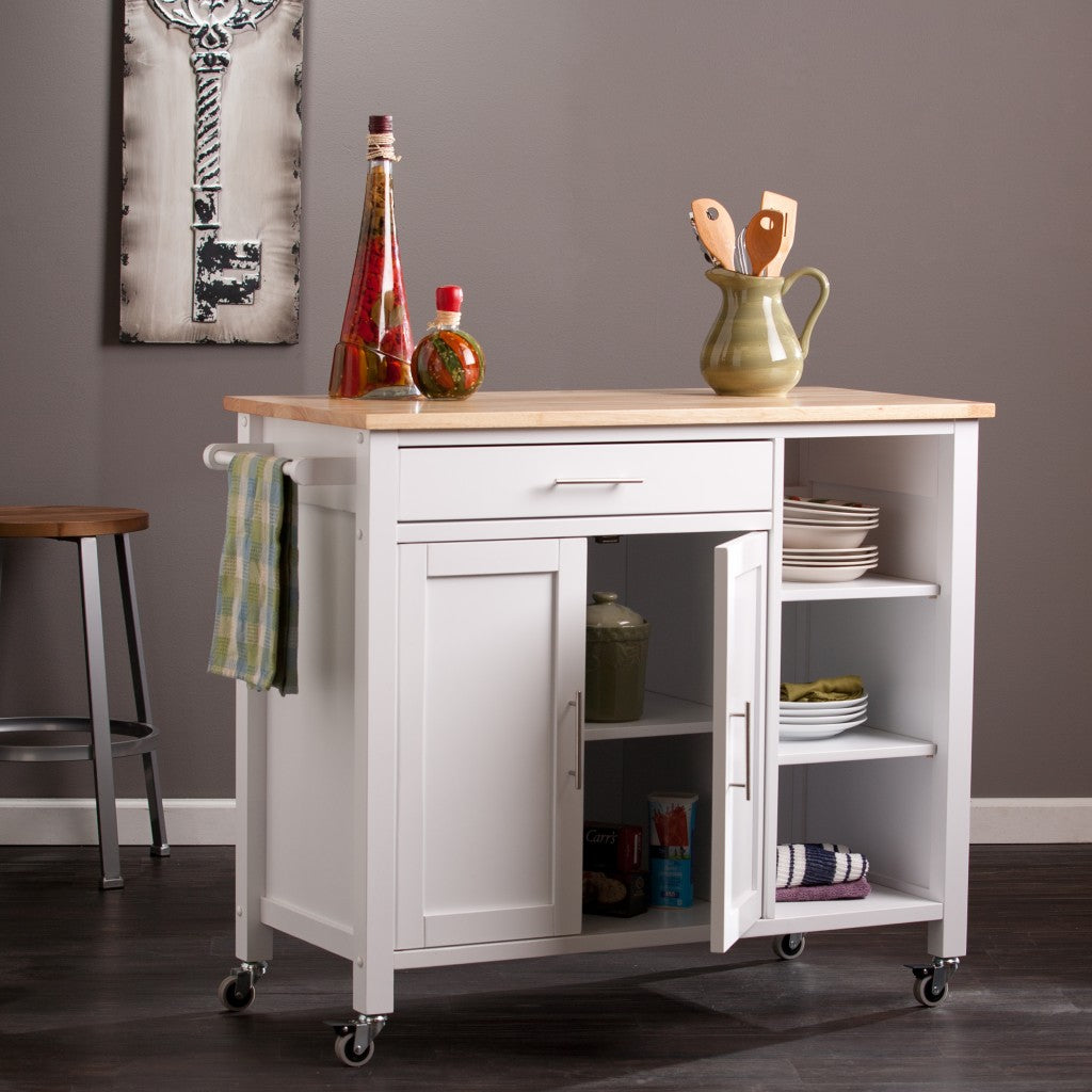 White and Natural 42" Rolling Kitchen Cart With Storage