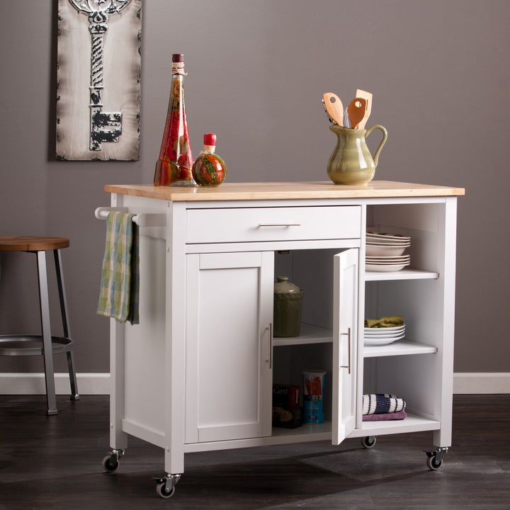 White and Natural 42" Rolling Kitchen Cart With Storage