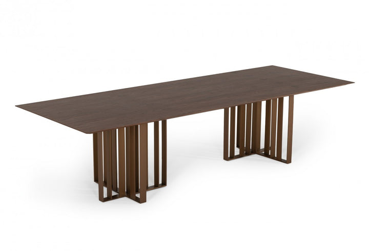 118" Walnut And Brass Rectangular Manufactured Wood And Stainless Steel Dining Table