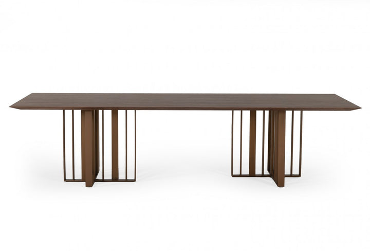 118" Walnut And Brass Rectangular Manufactured Wood And Stainless Steel Dining Table