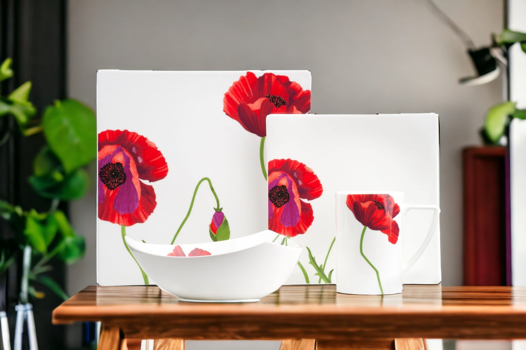 Red and White Six Piece Square Floral Bone China Service For Six Dinner Plate Set