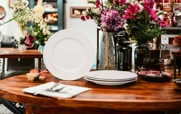 White Four Piece Weave Stoneware Service For Four Dinner Plate Set