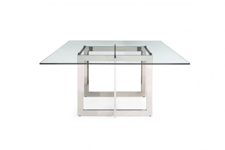 59" Clear And Gun Metal Square Glass And Stainless Steel Dining Table