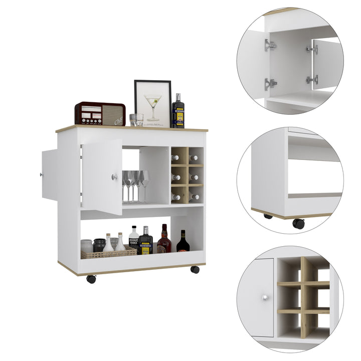 Brown and White Rolling Bar Cart With Wine Storage