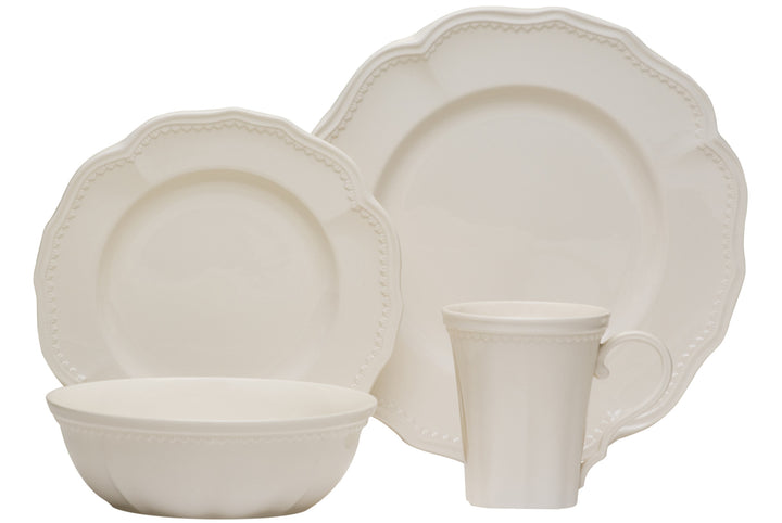 White Four Piece Scallop Stoneware Service For Four Dinner Plate Set