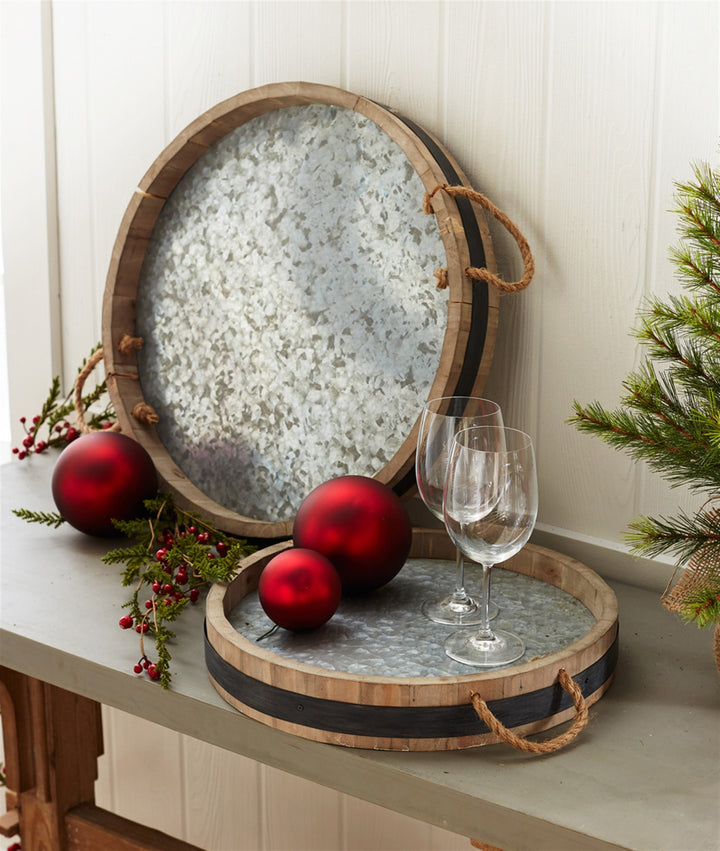 Set Of Two Brown Round Solid Wood Serving Tray With Handles