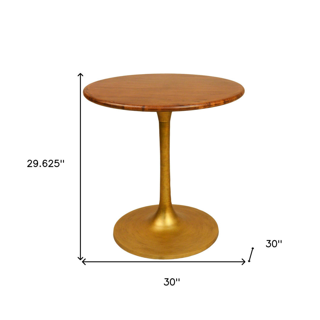 30" Brown and Gold Rounded Solid Wood and Iron Pedestal Base Dining Table