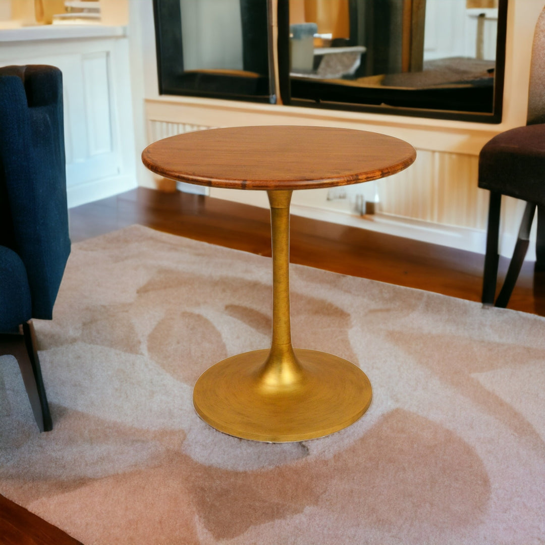 30" Brown and Gold Rounded Solid Wood and Iron Pedestal Base Dining Table