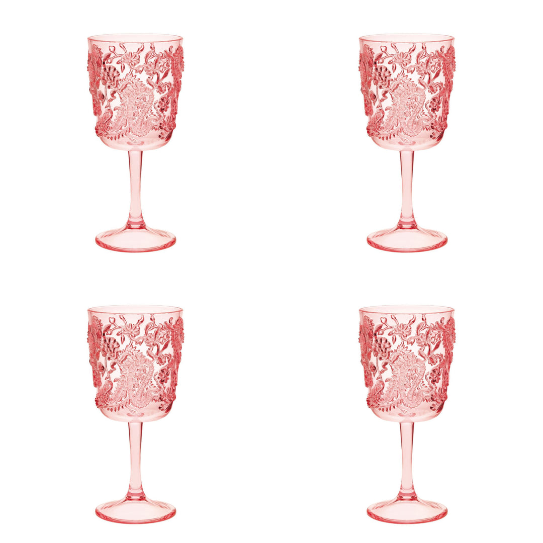 Set of Four Pink Paisley Acrylic Stemmed All Purpose Wine Glass