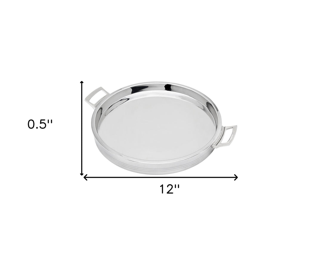 12" Silver Round Stainless Steel Tray With Handles