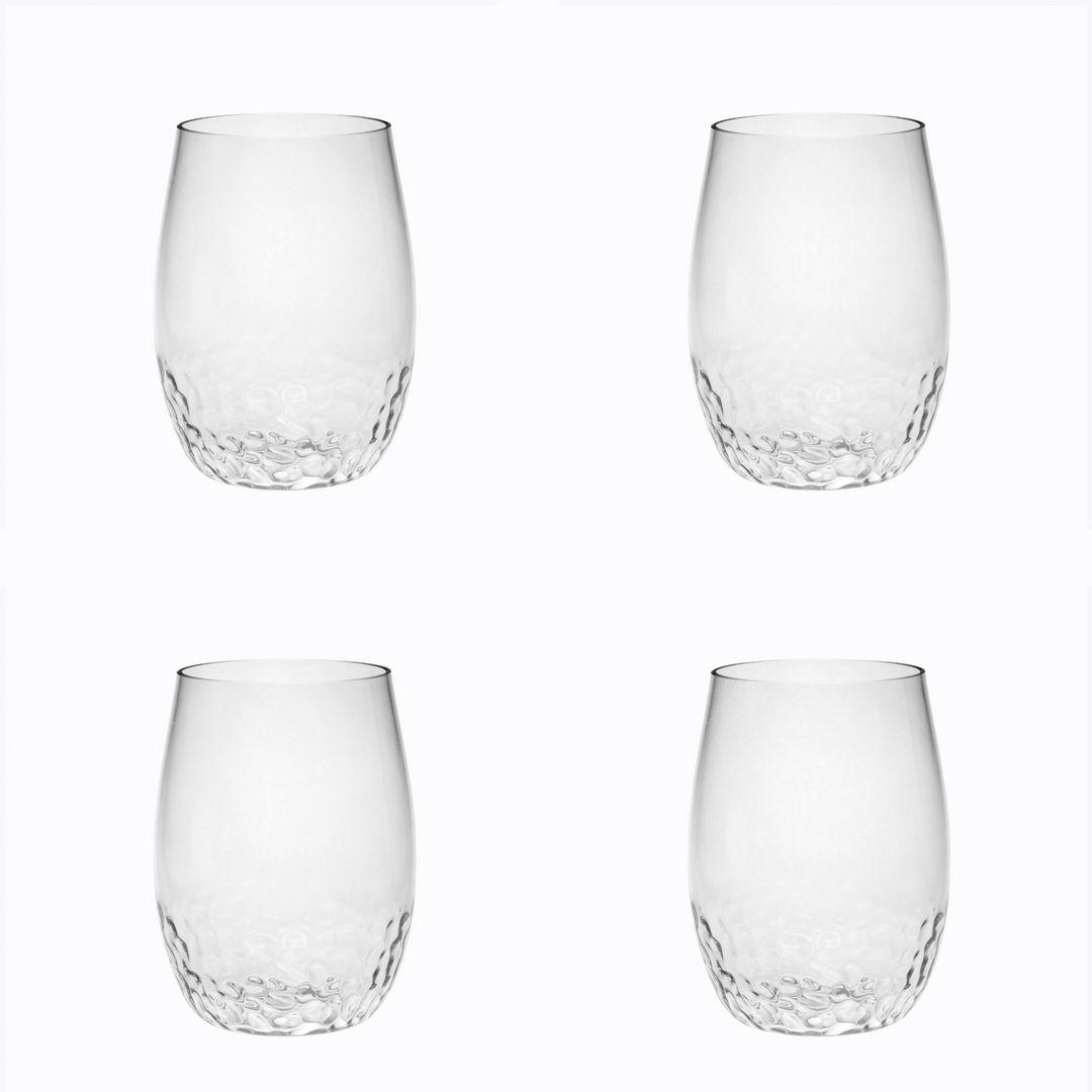 Set of Four Clear Dimpled Tritan Plastic Stemless All Purpose Tumbler Wine Glasses