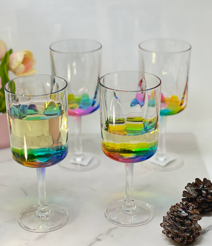 Set of Four Clear and Rainbow Geometric Acrylic Stemmed All Purpose Wine Glasses