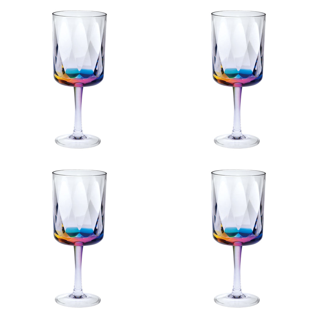 Set of Four Clear and Rainbow Geometric Acrylic Stemmed All Purpose Wine Glasses