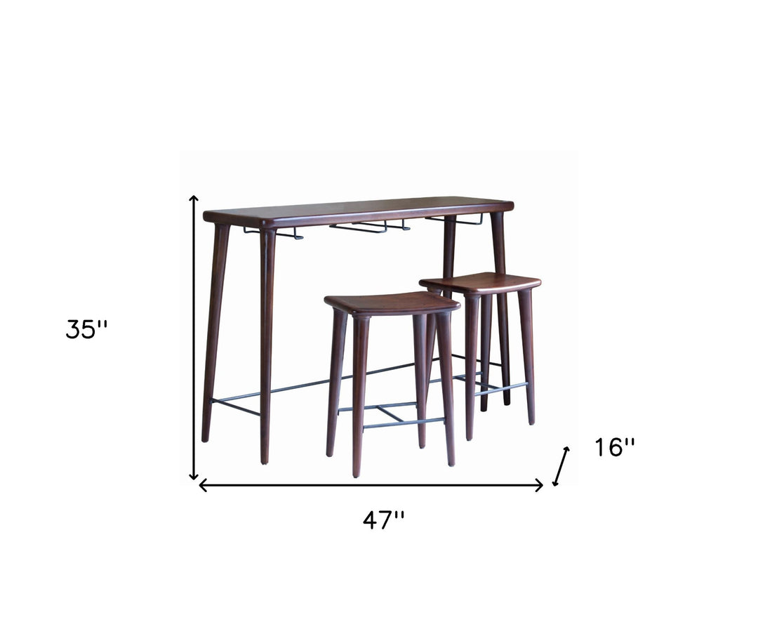 Set of Three Brown Solid Wood Counter Height Bar Table and Chairs